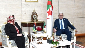 رئيس المجلس الشعبي الوطني، السيد ابراهيم بوغالي-وزيرة الدولة لشؤون المرأة بحكومة الوحدة الوطنية الليبية، السيدة حورية خليفة الطرمال
