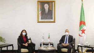 وزير العمل والتشغيل والضمان الاجتماعي، عبد الرحمان لحفاية-مديرة مكتب منظمة العمل الدولية بالجزائر لبلدان المغرب العربي رانية بيخازي