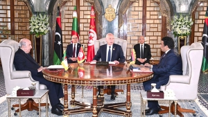 رئيس الجمهورية السيد عبد المجيد تبون- رئيس الجمهورية التونسية السيد قيس سعيّد-رئيس المجلس الرئاسي الليبي، السيد محمد يونس المنفي